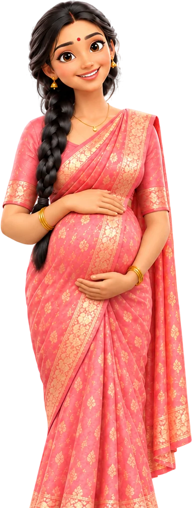 A woman in mid-pregnancy in a pink saree, cradling her growing bump with both hands