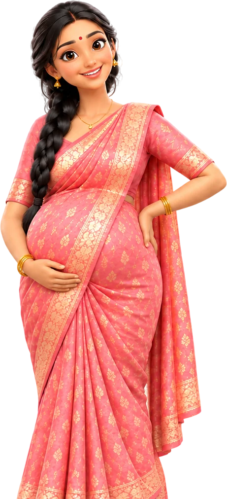 A woman in late pregnancy in a pink saree, one hand under her bump and one on her hip