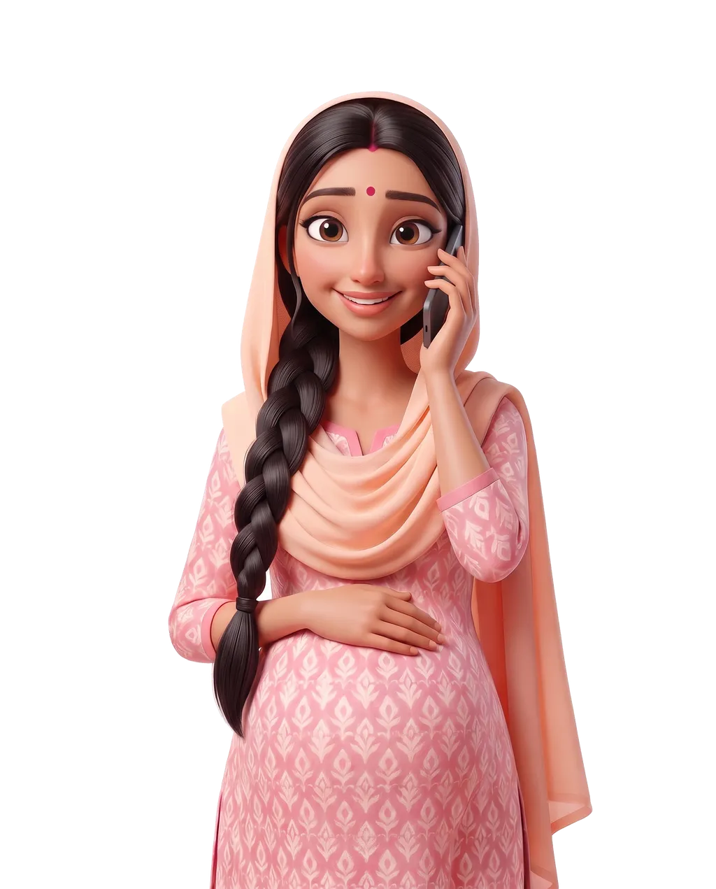 गुलाबी कुर्ते में एक मुस्कुराती गर्भवती महिला फ़ोन पर हेलो माँ AI से बात करती हुई