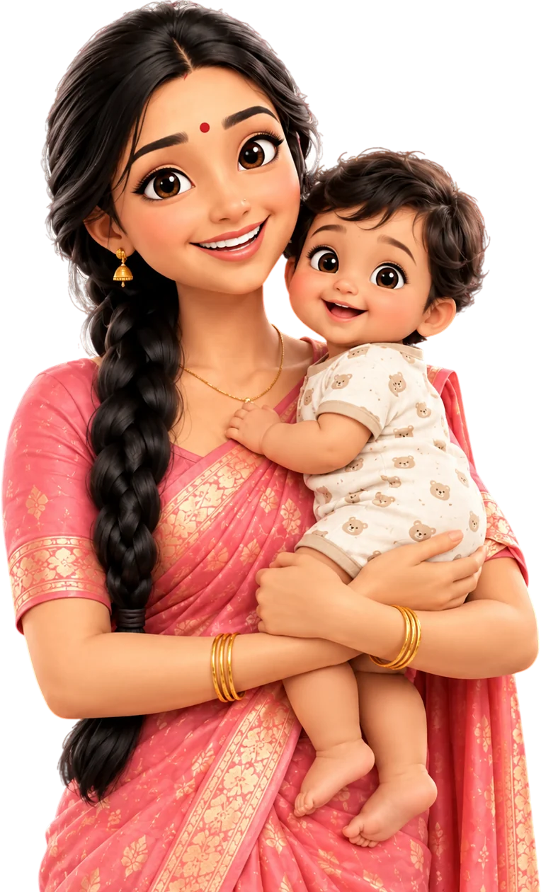 A happy mother in a pink saree holding her smiling baby